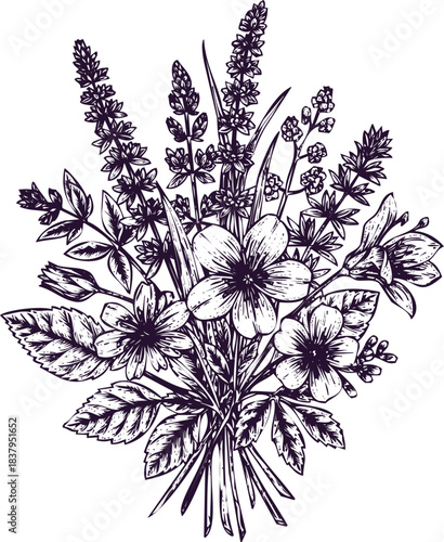 Hand Drawn Sketch of a Floral Bouquet with Lavender and Other Flowers vector illustration