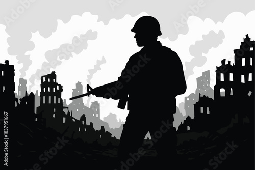 silhouette of a soldier operating in the rubble of a collapsed building