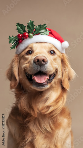 Golden retriever dog wearing a festive Santa hat decorated with holly berries and green leaves, expressing happiness and joy for the holiday season
