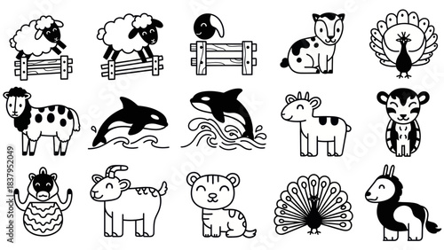 Cartoon animal collection illustrations in black and white for design use
