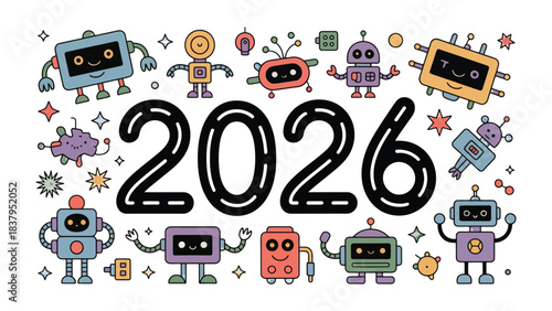 Robotic Rendezvous: A whimsical depiction of the year 2026, where a collection of charming robots, each with unique personalities, stand as symbols of innovation and progress.