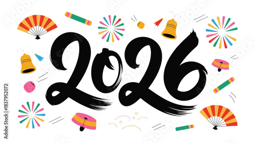 Year of Celebration: A vibrant and festive graphic featuring the year 2026, interwoven with auspicious traditional elements, conveying a sense of renewal, festivity, and anticipation.