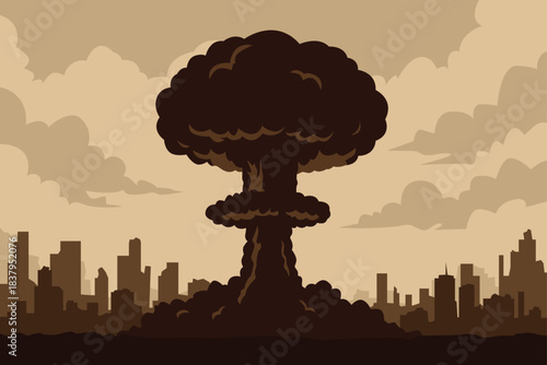 A large dark mushroom cloud rises over a destroyed city.