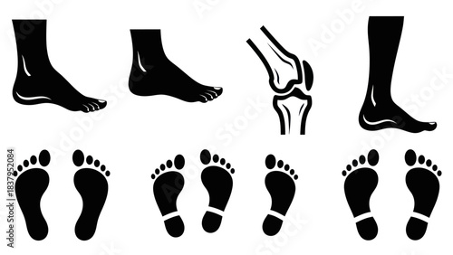 Black silhouette human foot and joint anatomy graphic elements