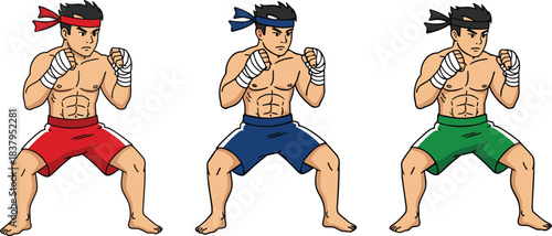 Martial artist icon set, fighting stance character trio with colored gear and pose variation, cad drawing flat vector illustration