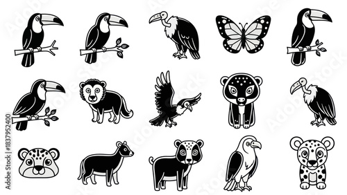 Black and white cartoon animal illustrations for design and decoration