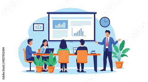Illustration of five professionals in meeting room with laptops and presentation screen showing charts, representing teamwork, data analysis, and corporate discussion in a modern office setting