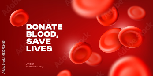 3D blood red cells background. World Blood Donor Day. Realistic vector illustration. Healthcare, hospital, clinic, laboratory, emergency design concept