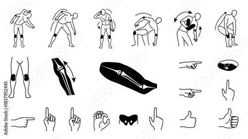 Black and white vector illustrations depicting human body exercise and hand gestures