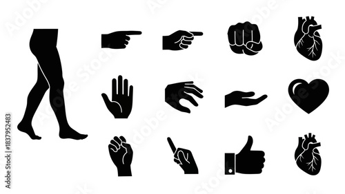 Black silhouette icons of body parts and symbols on white background