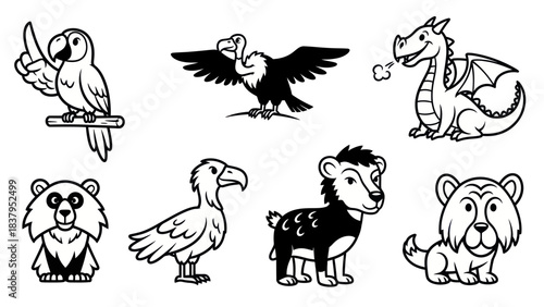 Cartoon animal collection illustrations in black and white for design use