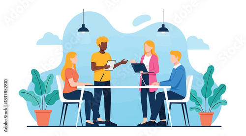 Illustration of four professionals in collaborative meeting around table with tablet and document exchange, set in modern workspace with plants and cloud-themed background, symbolizing teamwork and co