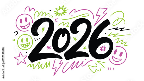 Year 2026: A playful illustration of the year 2026, featuring whimsical doodles and expressive smileys, captures a sense of optimism and anticipation for the future.