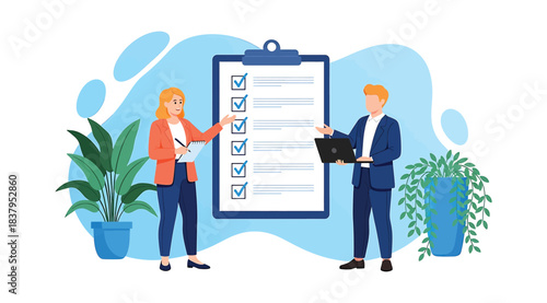Illustration of two professionals standing beside large checklist clipboard with laptop and document, symbolizing task completion, project planning, and teamwork in a modern business environment