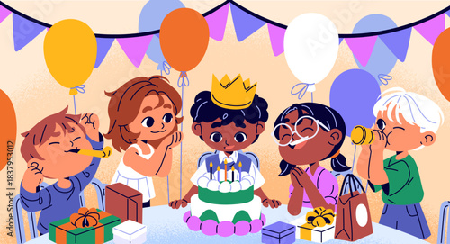Little boy celebrates Birthday with is friends at the table. Happy children rejoice at Bday, present gifts at anniversary. Kid blows out candles on festive cake at home. Flat vector illustration