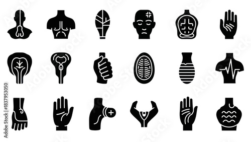 Black and white human body anatomy icons for medical and healthcare