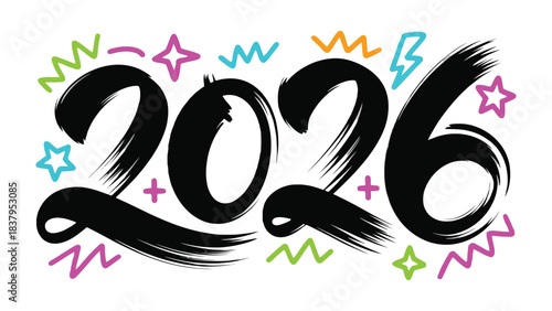 2026: A brushstroke of vibrant color forms the number '2026', bringing a burst of freshness and anticipation to a new chapter. With a dynamic artistic vibe.