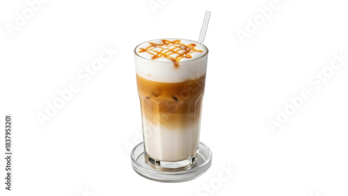 Isolated Iced Caramel Macchiato layered in glass with whipped cream and straw on coaster