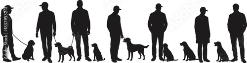 Silhouettes of people walking dogs, pet owners with leashes, outdoor companionship, canine interaction, dog lovers, black figures, white background