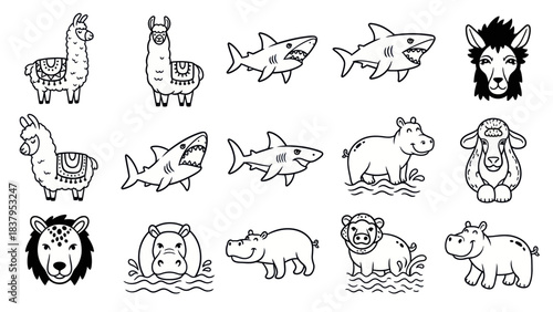 Cartoon animal collection illustrations in black and white for design use