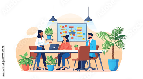 Illustration of three professionals in modern office meeting with laptop and whiteboard filled with sticky notes, symbolizing teamwork, brainstorming, and project planning in a creative workspace