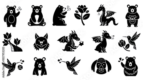 Black and white vector illustrations of bears dragons and other creatures
