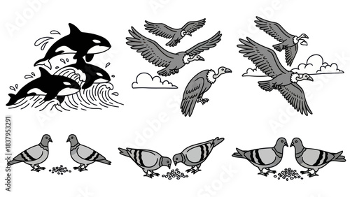 Black and white vector illustrations of animals in various poses and environments