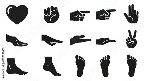 Black silhouette icons of heart hands and feet for design elements