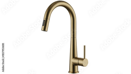 Isolated gold pull-down kitchen faucet with single handle, contemporary home fixture in brass