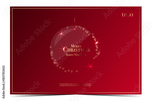 Christmas card invitation, golden stylized ball on a red background, elegant VIP invitation