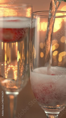 Close up of champagne is poured into wineglasses with ripe strawberries. Christmas New Year Saint Valentine. Vertical shot