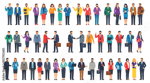 Collection of illustrated business professionals in four rows, dressed in suits and business casual attire, engaged in workplace interactions like handshakes, conversations, and device usage