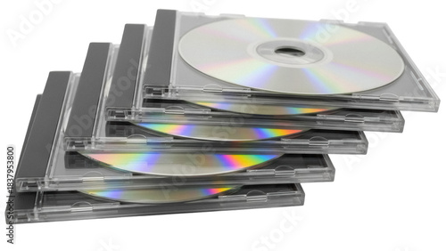 Obraz na plátně Isolated Stack of CDs in Cases, Media Storage Device, Holographic Rainbow, Data