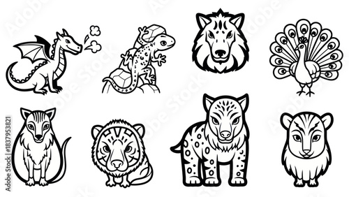 Cartoon animal collection illustrations in black and white style for design