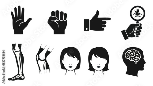 Black and white human body parts and symbols illustrations