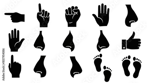 Black silhouette icons of human body parts and hand gestures for design