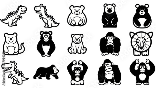 Cartoon animal collection illustrations in black and white for diverse design use