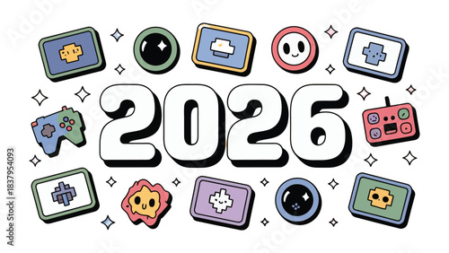 Game console design for 2026: An eye-catching graphic illustration showcases a variety of stylized game consoles and controller with the vibrant year 2026 prominently featured.