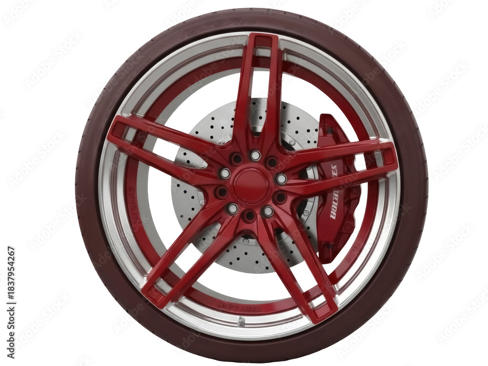Obraz premium Isolated automotive wheel shows luxury car rim with custom red paint finish and tire detail