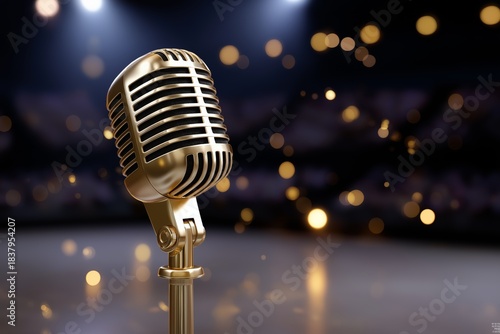 Close up of a retro gold microphone on stage with blurred audience lights creating a vibrant atmosphere, capturing the essence of live performance and musical artistry