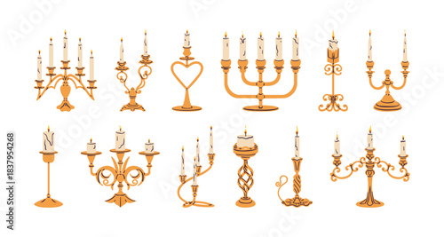 Set of vintage candelabras. Multiple brass candleholders. Gold candelabrums, candlesticks. Candles with burning fire. Antique decoration. Flat isolated vector illustrations on white background