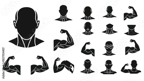 Black and white silhouette icons of human head and arm muscle