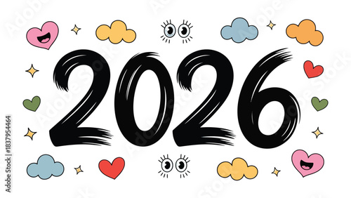 2026 Typography Design: Playful and whimsical artwork for the upcoming year, perfect for celebrating new beginnings.