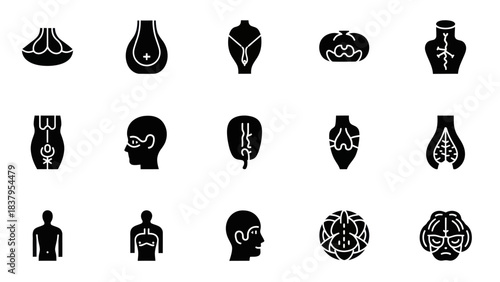 Black and white silhouette icons representing diverse aspects of the body
