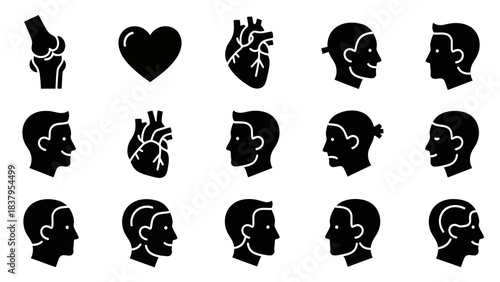 Black silhouette icons of human body parts and head profiles vector set