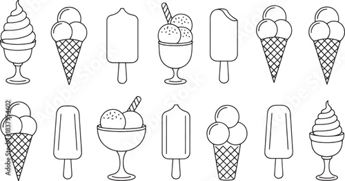 Collection of black and white line art ice cream treats in cones cups and on sticks popsicle frozen dessert