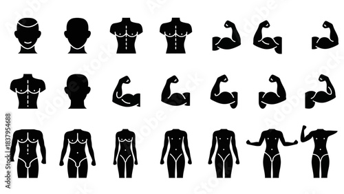 Black and white human body parts silhouette illustrations vector set