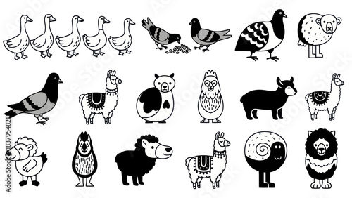 Cartoon animal assortment black and white illustrations for design projects