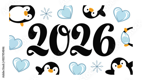 2026 Festive Illustration with Penguins and Hearts: a delightful illustration for celebrating the New Year with penguins, hearts and snowflakes!