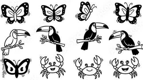 Black and white vector illustrations of butterflies toucans and crabs